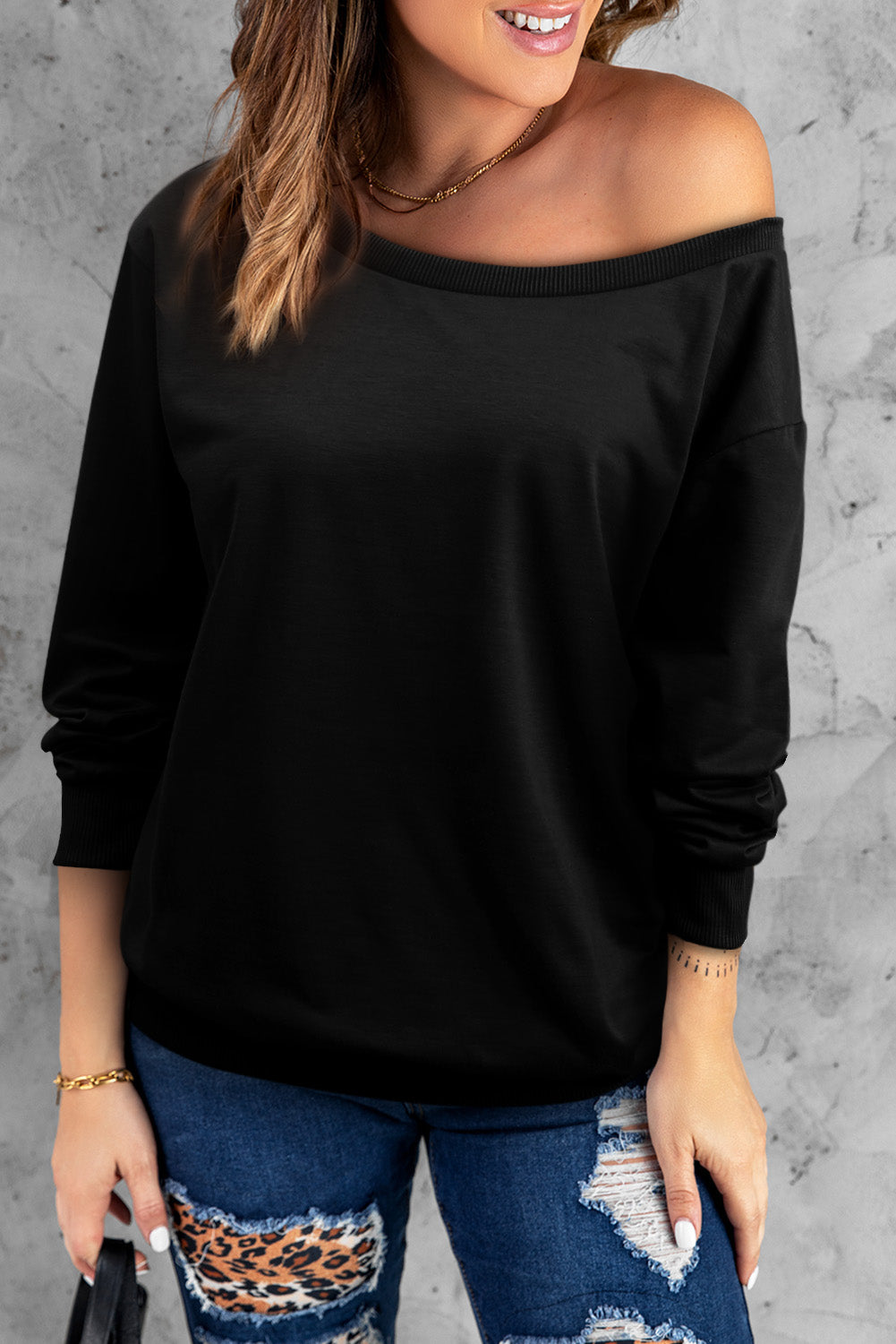 Boat Neck Long Sleeve Sweatshirt - Black / S Apparel & Accessories Girl Code
