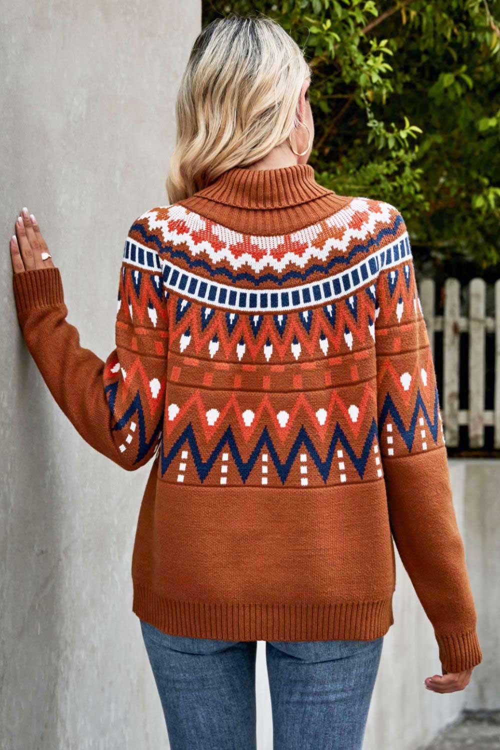Chevron Turtleneck Ribbed Trim Sweater - Brick / S Apparel & Accessories Girl Code