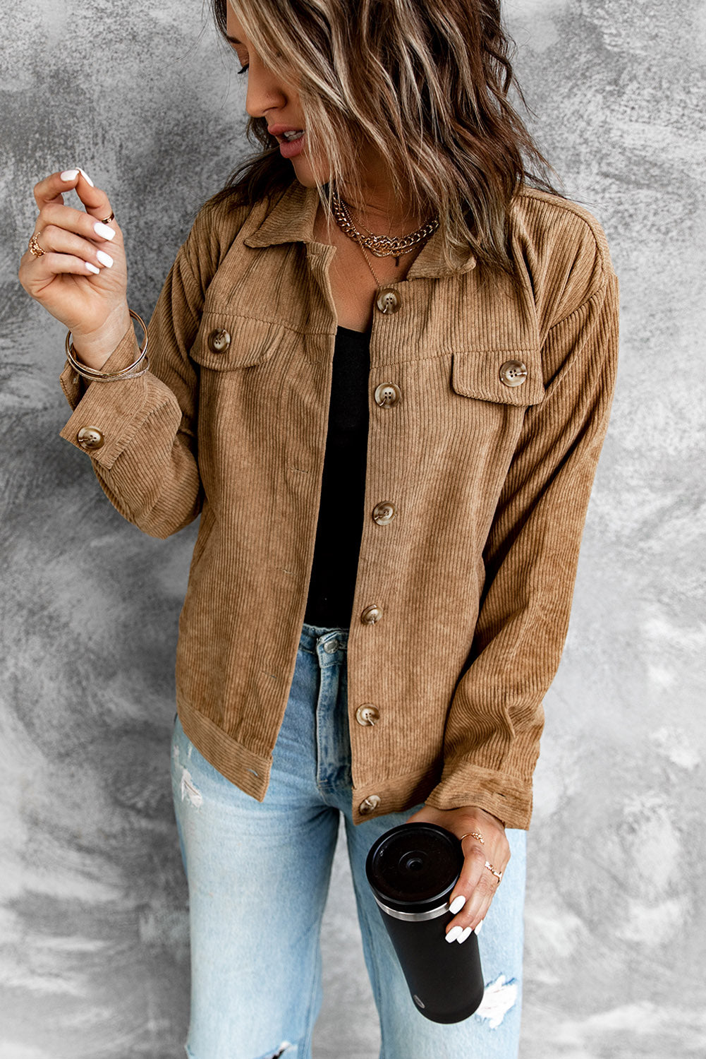Corduroy Long Sleeve Jacket - Brown / S Apparel & Accessories Girl Code