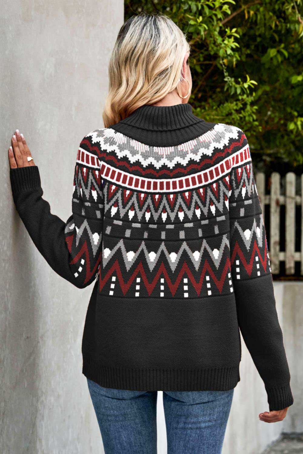 Chevron Turtleneck Ribbed Trim Sweater - Black / S Apparel & Accessories Girl Code