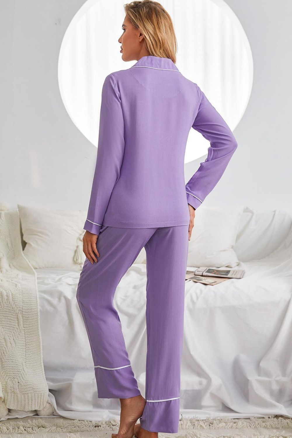 Contrast Lapel Collar Shirt and Pants Pajama Set with Pockets - Girl Code