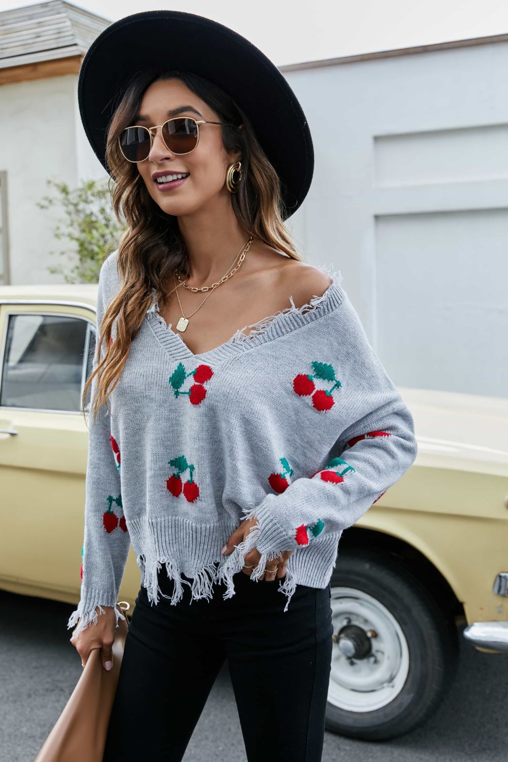 Cherry Pattern Frayed Trim V-Neck Sweater - Gray / S Apparel & Accessories Girl Code