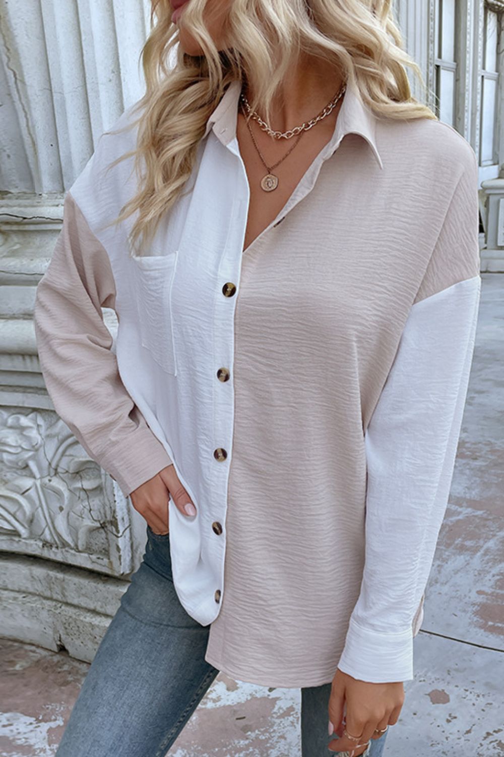 Color Block Textured Button-Up Shirt - Cream/White / S Apparel & Accessories Girl Code