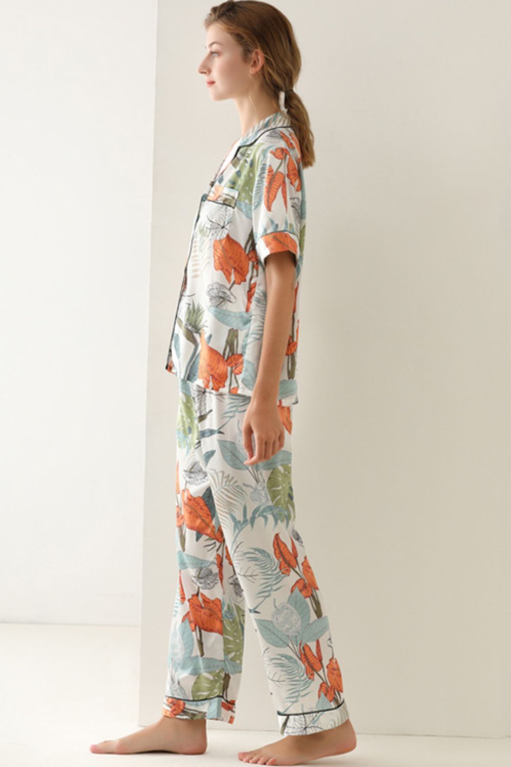 Botanical Print Button-Up Top and Pants Pajama Set - Apparel & Accessories Girl Code