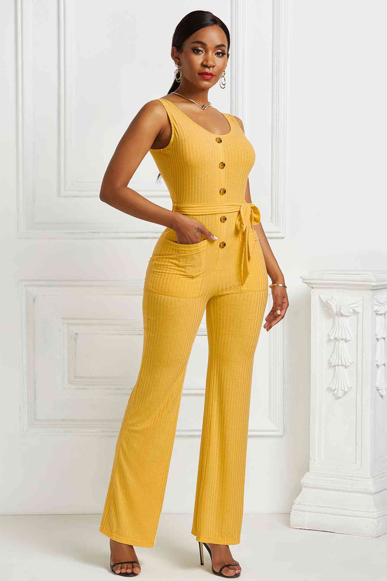 Button Detail Tie Waist Jumpsuit with Pockets - Yellow / S Apparel & Accessories Girl Code