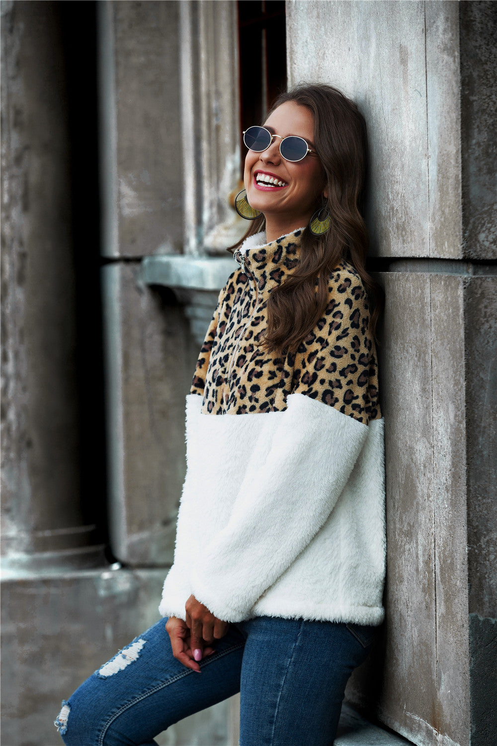 Leopard Color Block Half-Zip Collar Teddy Sweatshirt Trendsi