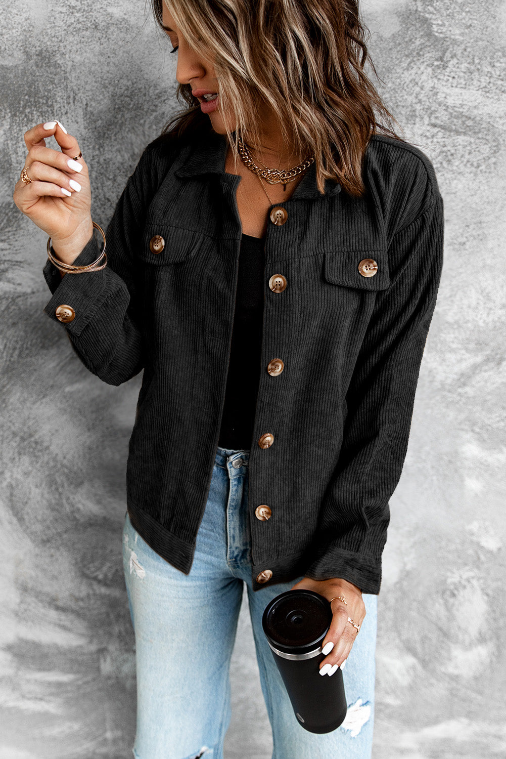 Corduroy Long Sleeve Jacket - Black / 2XL Apparel & Accessories Girl Code