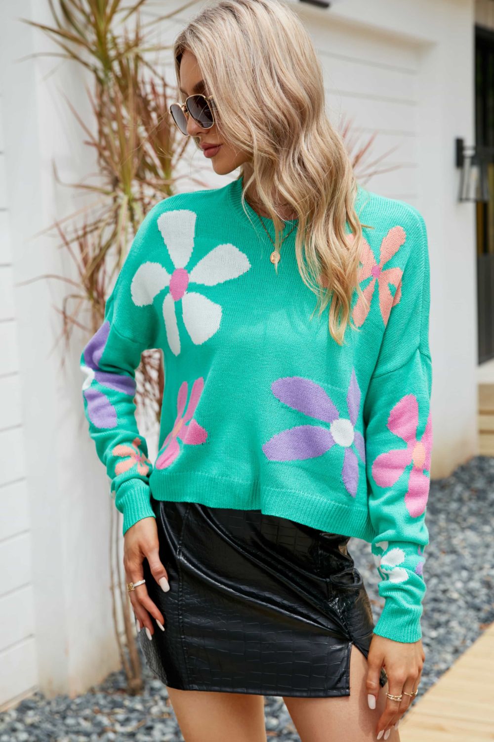 Floral Dropped Shoulder Ribbed Trim Sweater Trendsi