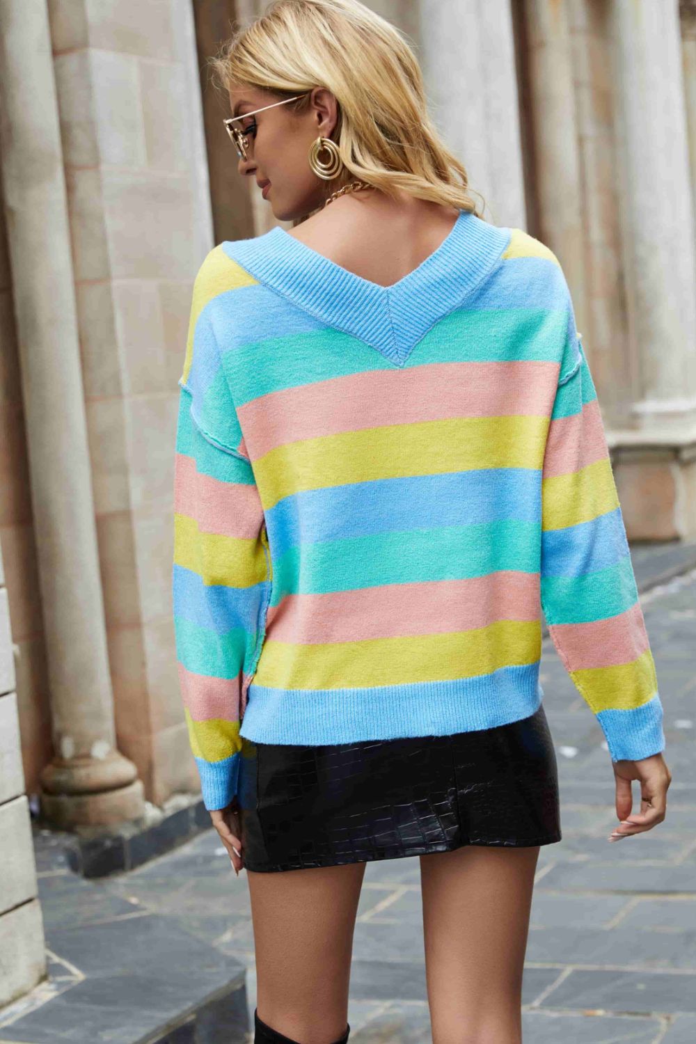Rainbow Stripe Exposed Seam V-Neck Sweater Trendsi