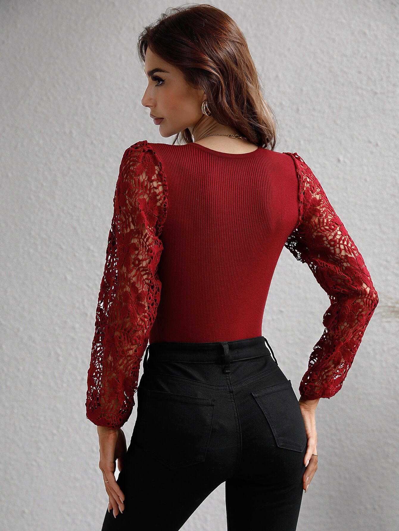 Lace Sleeve Round Neck Ribbed Top Trendsi