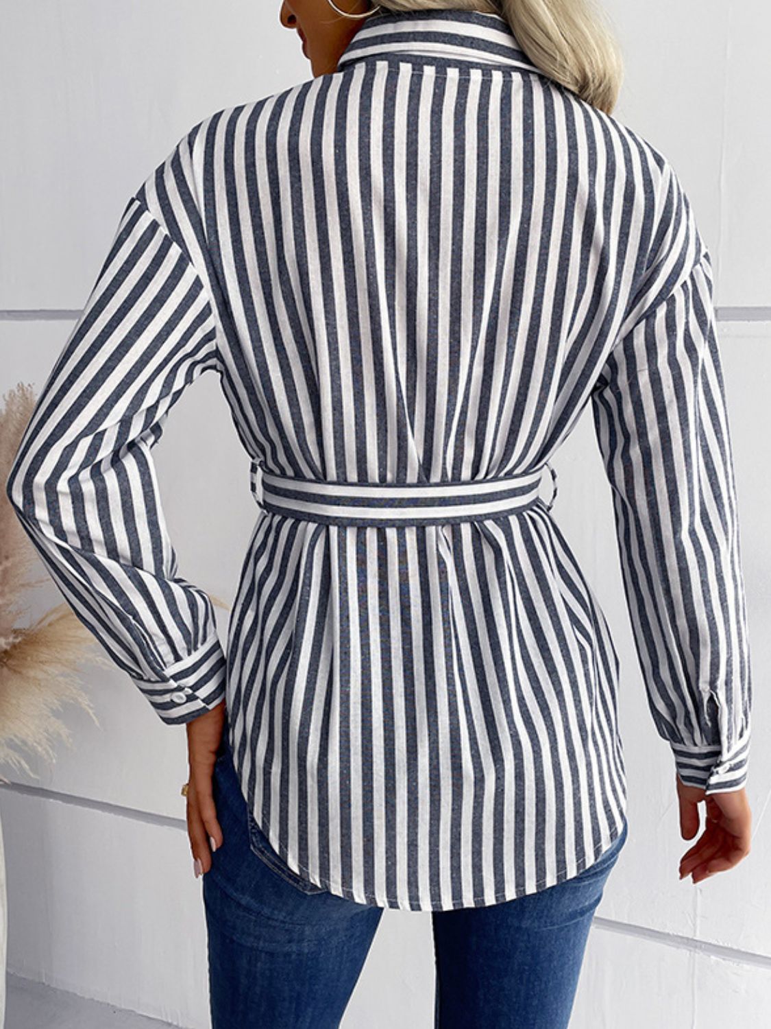 Striped Curved Hem Belted Shirt Trendsi