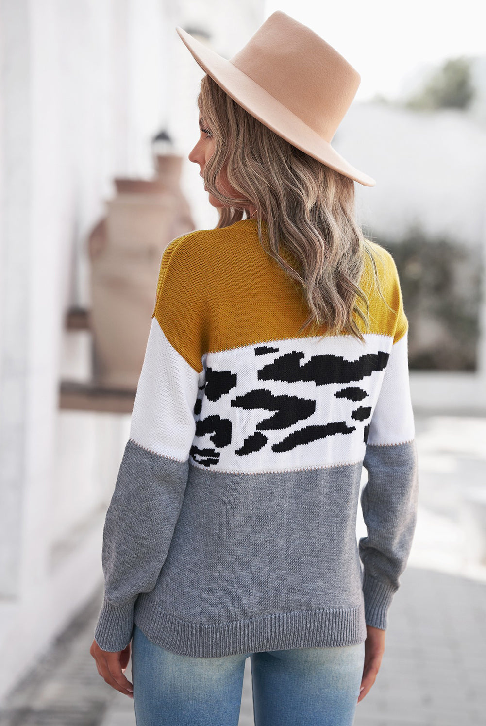 Leopard Color Block Ribbed Trim Dropped Shoulder Sweater Trendsi