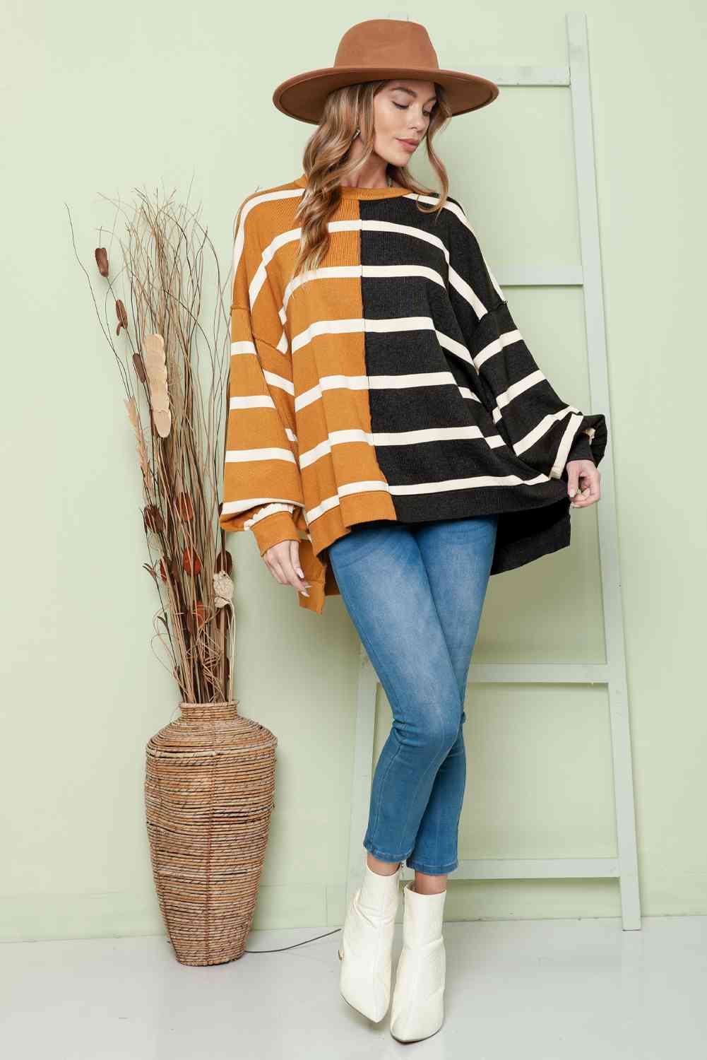 Striped Dropped Shoulder Round Neck Blouse