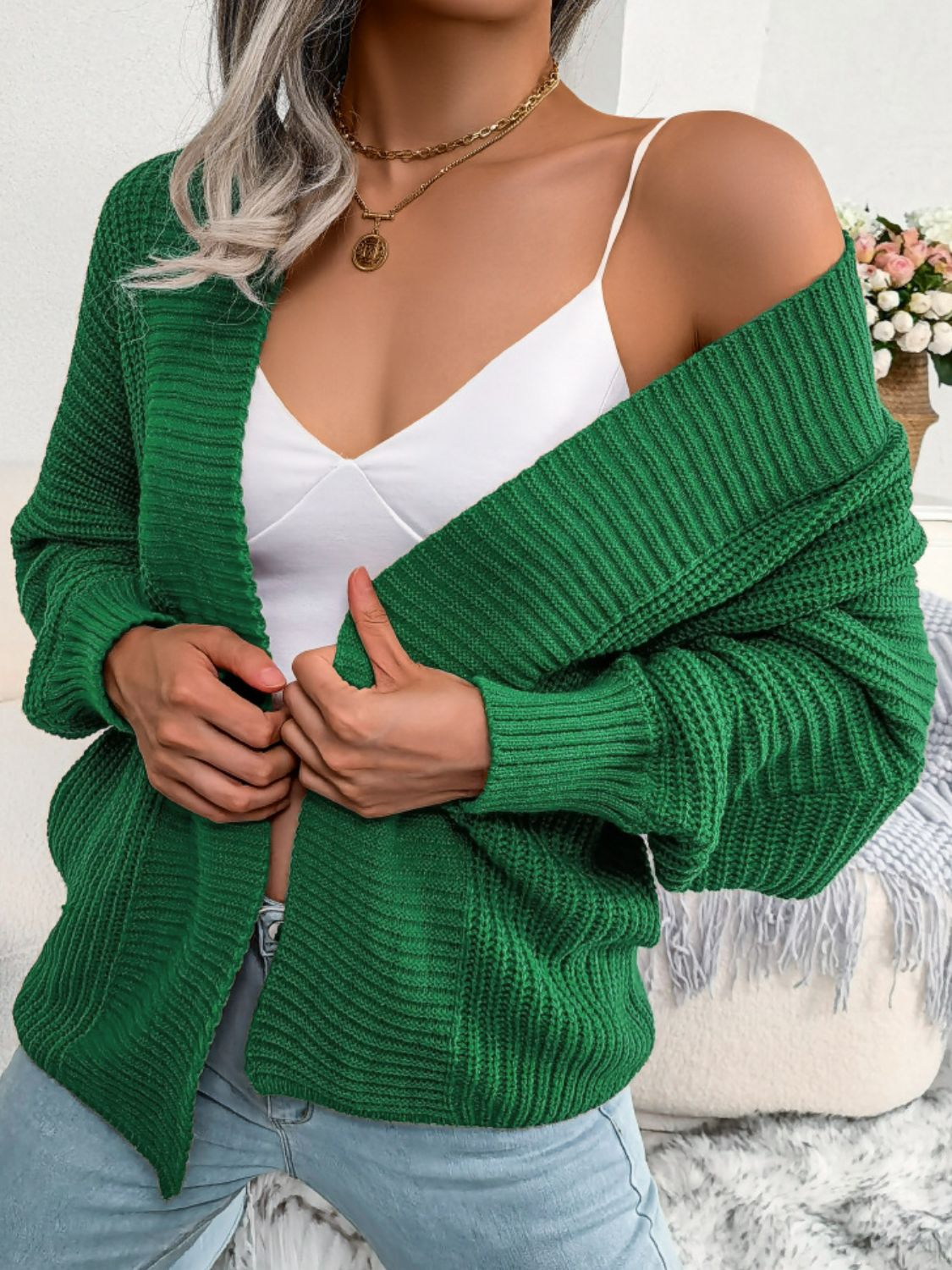 Rib-Knit Open Front Dolman Sleeve Cardigan - Green / S Apparel & Accessories Girl Code