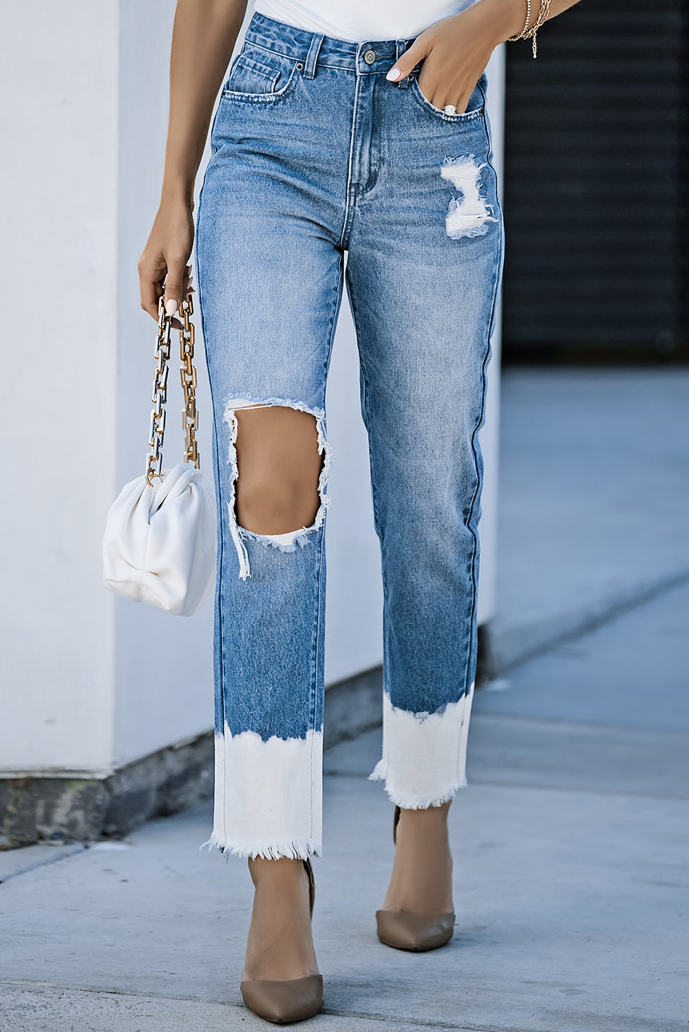 Contrast Distressed High Waist Jeans - Light / 6 Girl Code