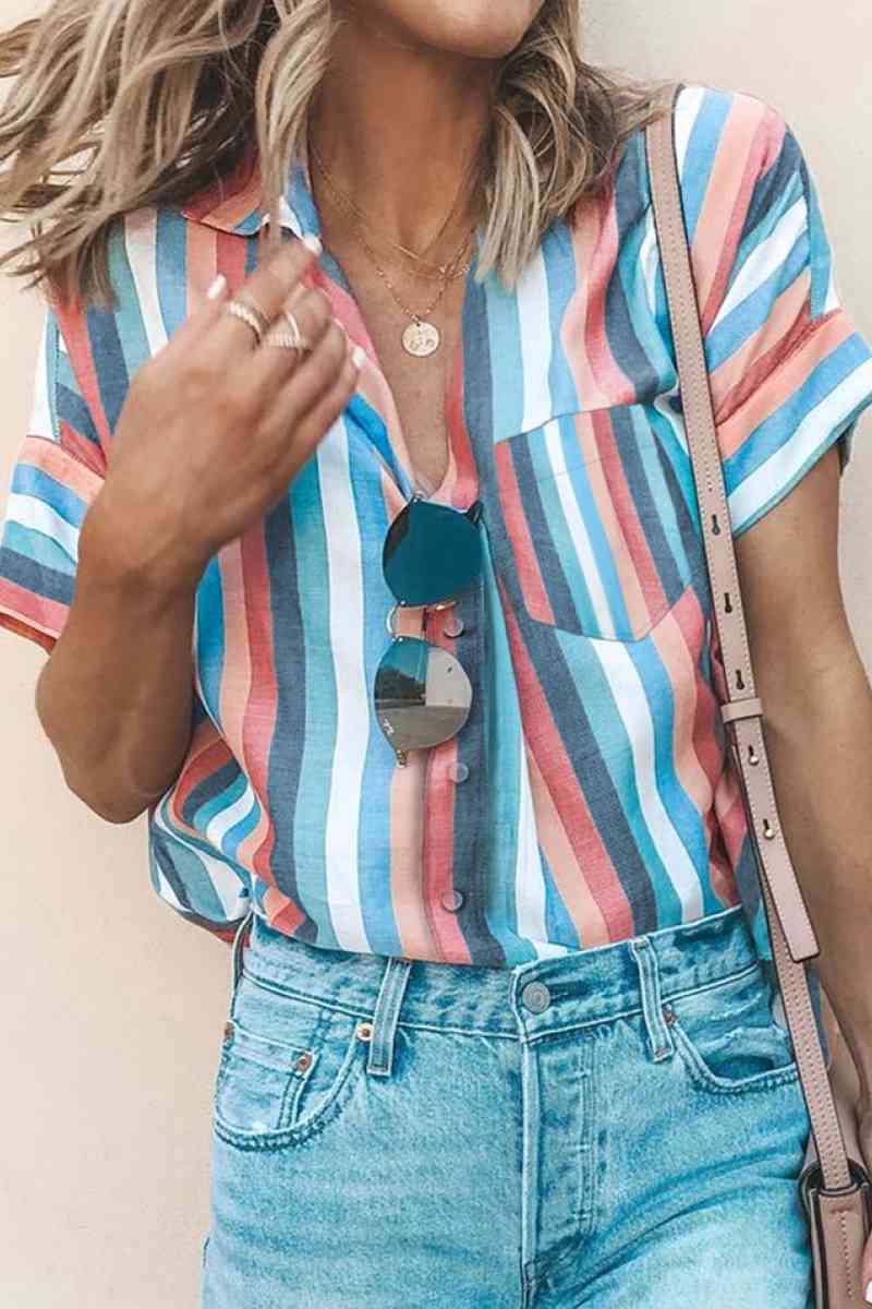 Striped Collared Neck Button-down Pocketed Top Trendsi