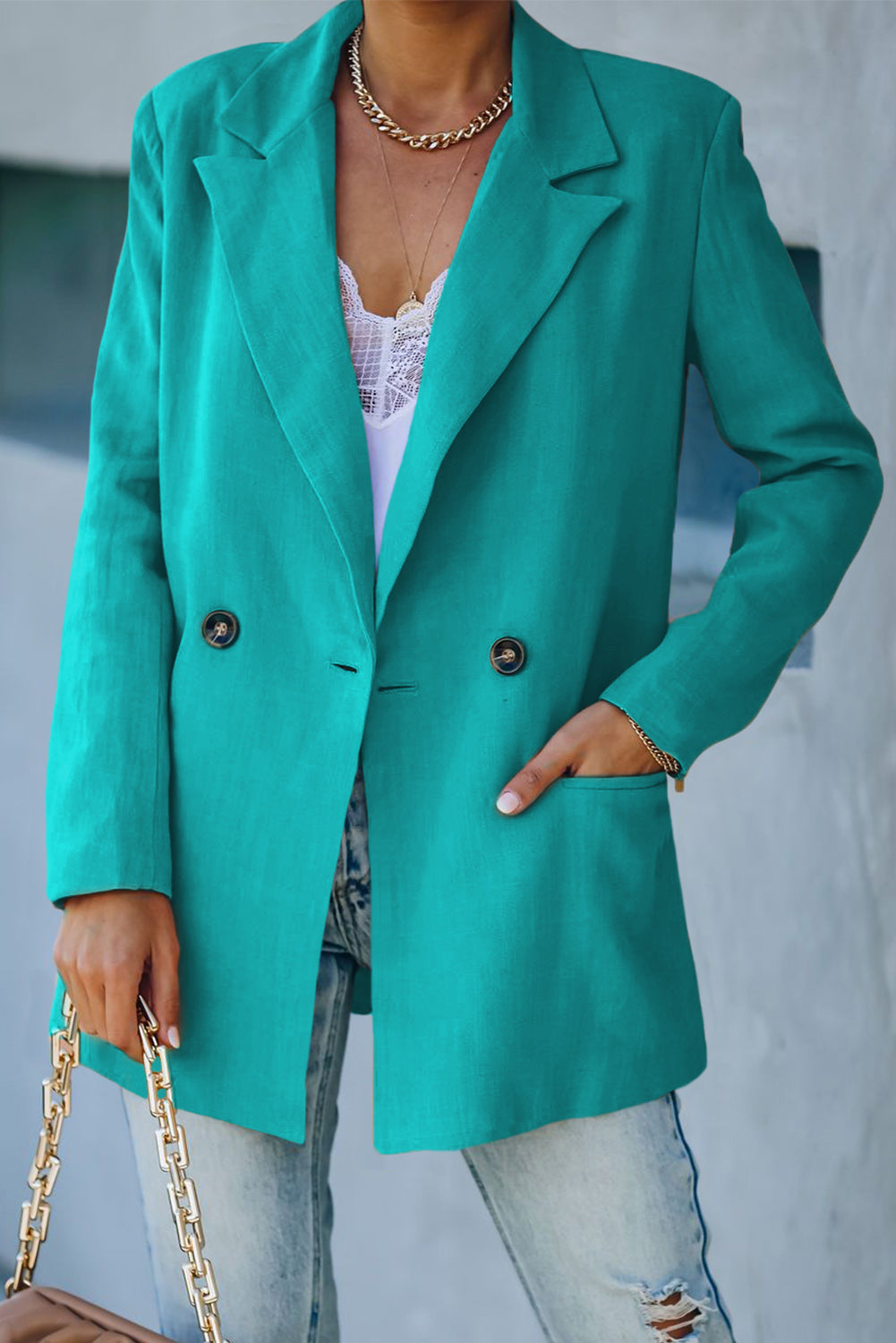 Double-Breasted Padded Shoulder Blazer with Pockets Trendsi