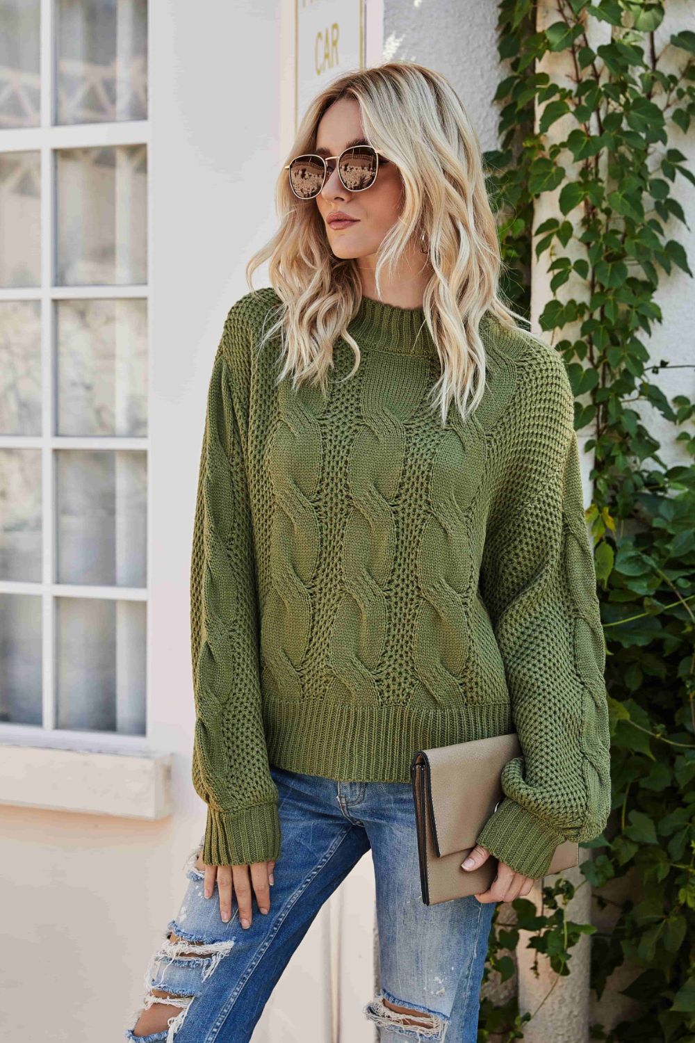 Mixed Knit Crewneck Drop Shoulder Sweater Trendsi