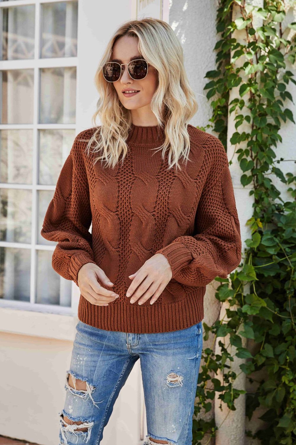 Mixed Knit Crewneck Drop Shoulder Sweater Trendsi