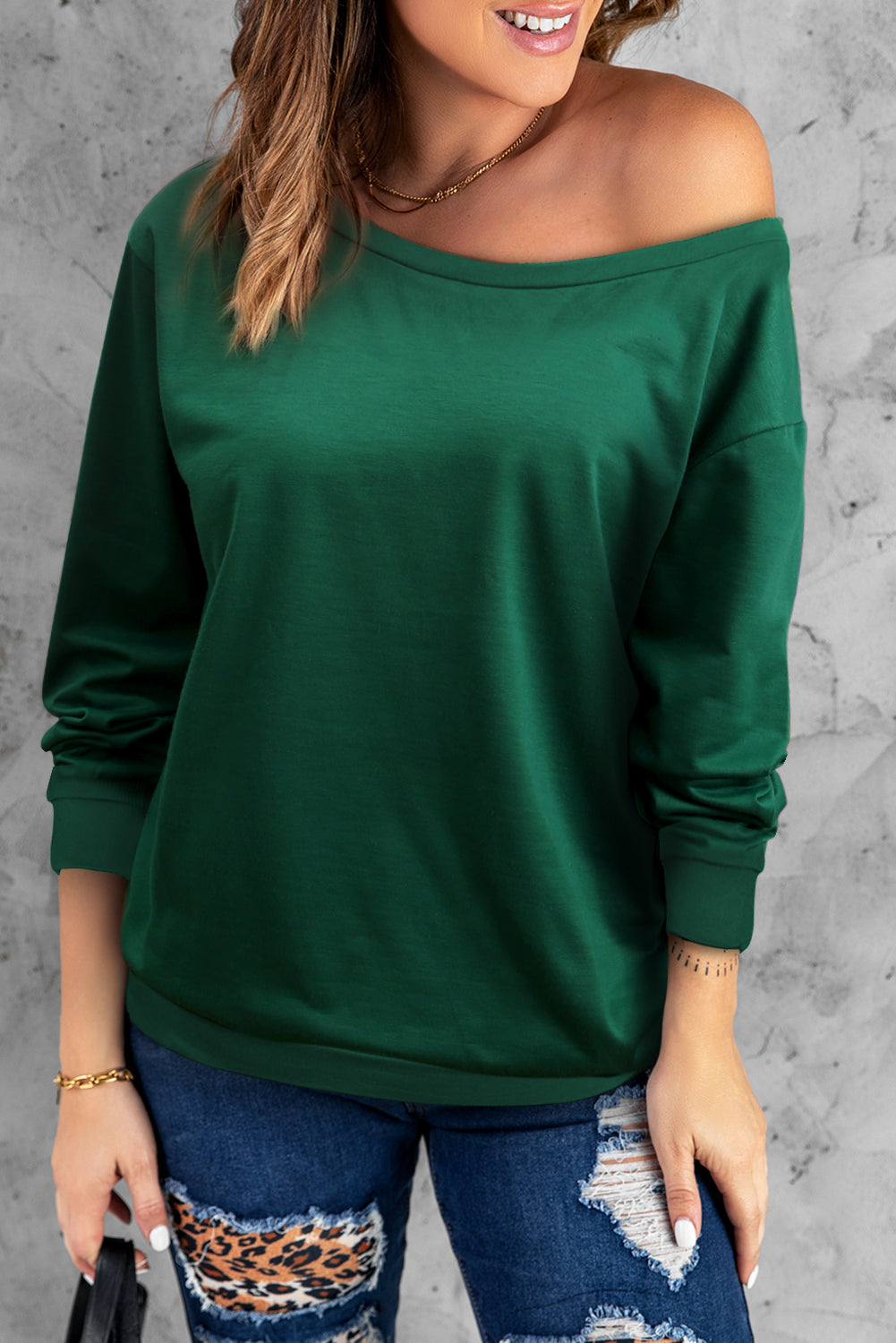 Boat Neck Long Sleeve Sweatshirt - Green / S Apparel & Accessories Girl Code