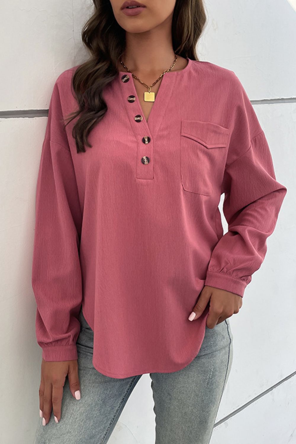 Half Button Pleated Detail Side Slit Blouse - Magenta / S Apparel & Accessories Girl Code