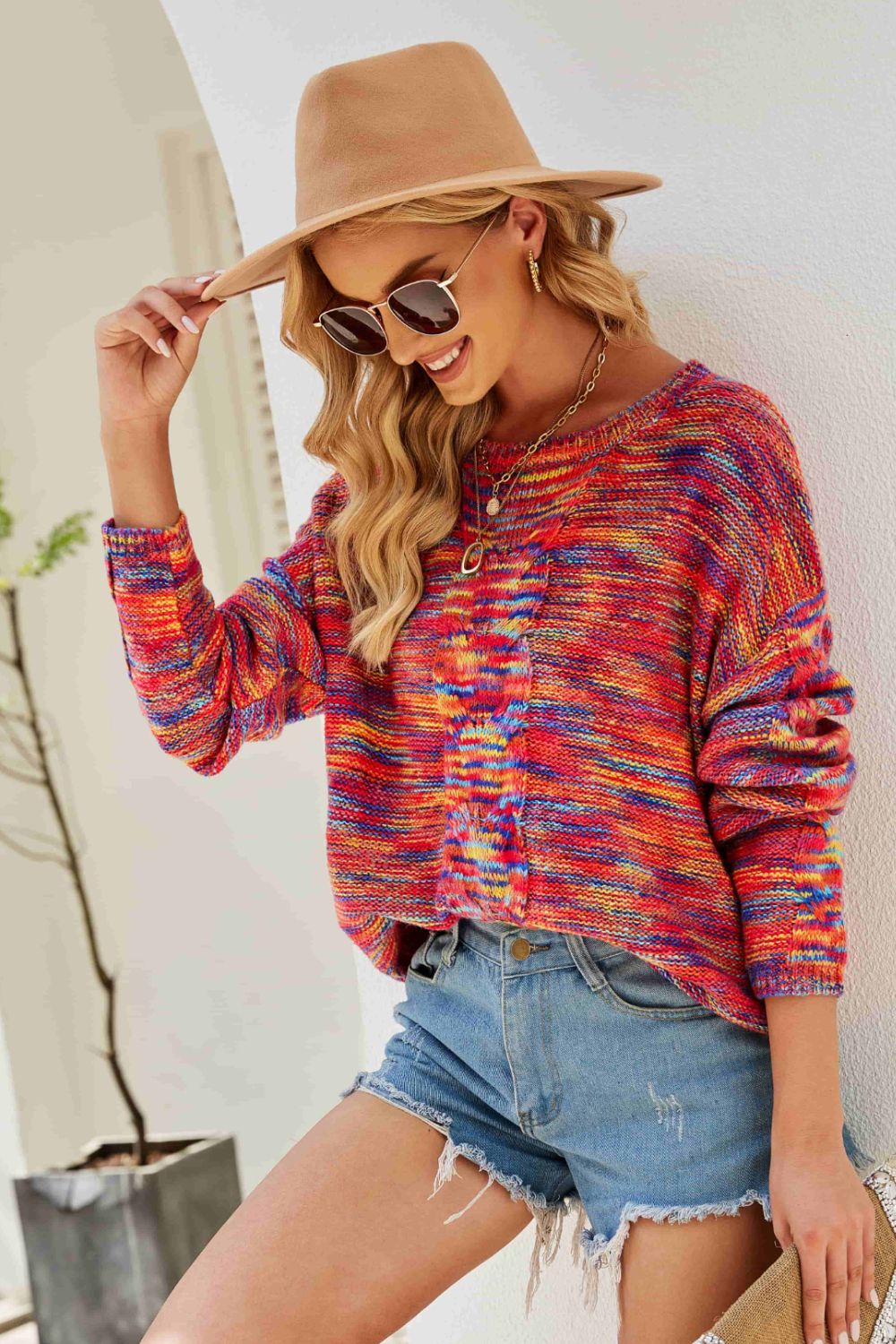 Multicolored Cable-Knit Drop Shoulder Sweater Trendsi