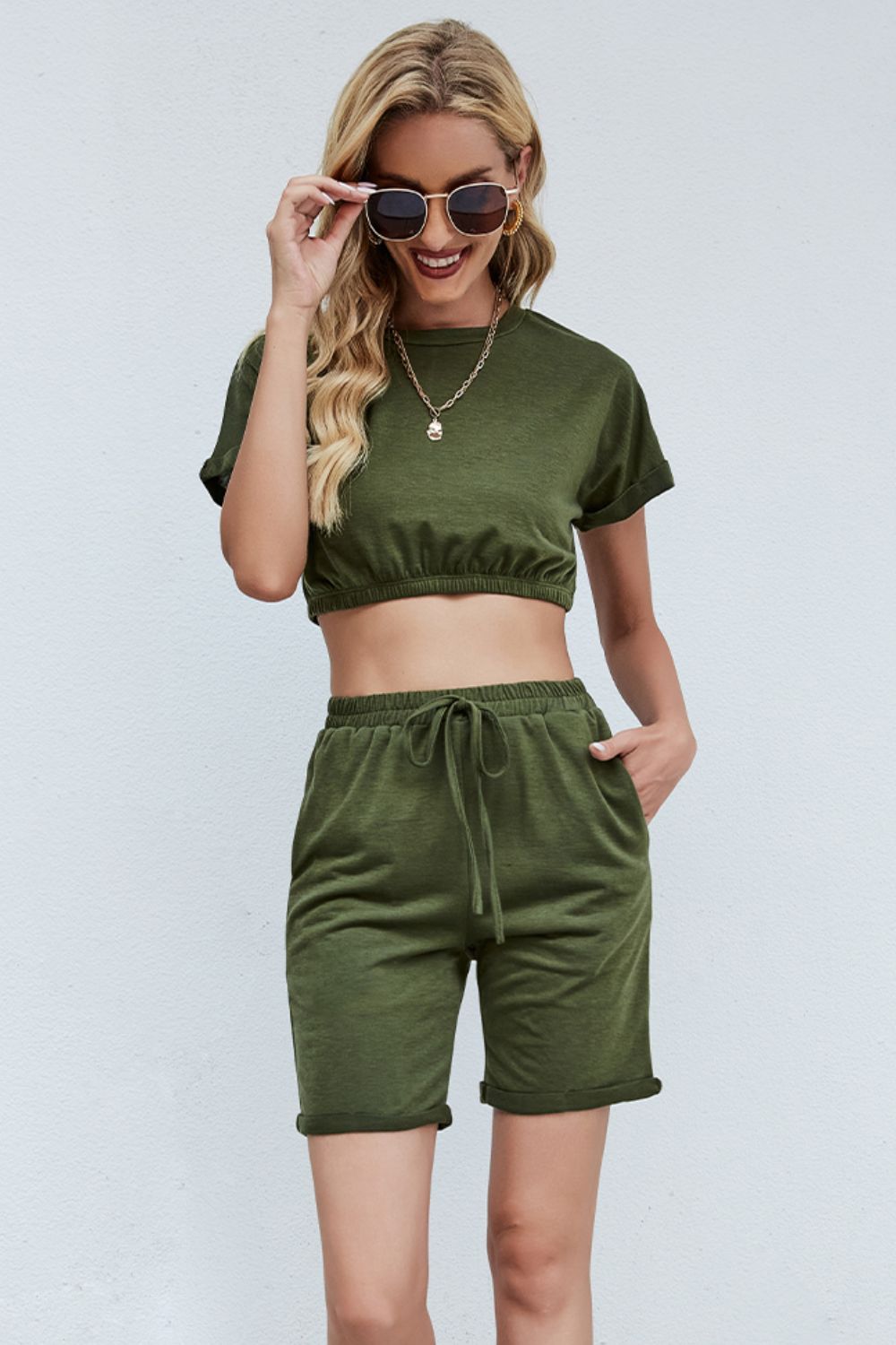 Cropped Tee and Drawstring Waist Shorts Set - Army Green / S Girl Code