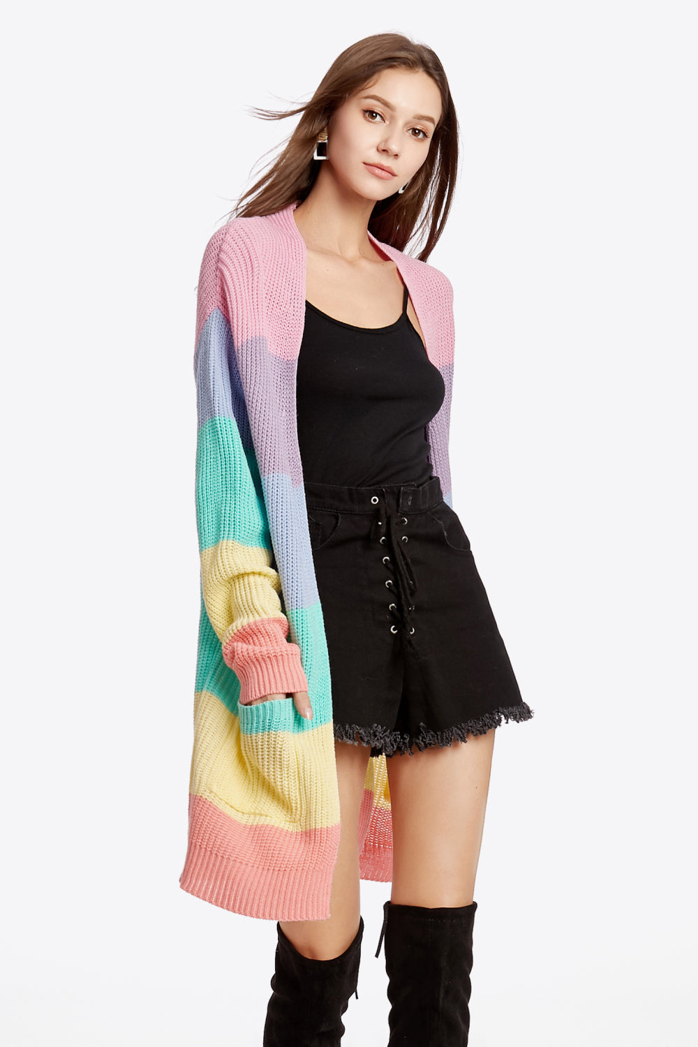 Color Block Open Front Drop Shoulder Cardigan with Pockets - Apparel & Accessories Girl Code