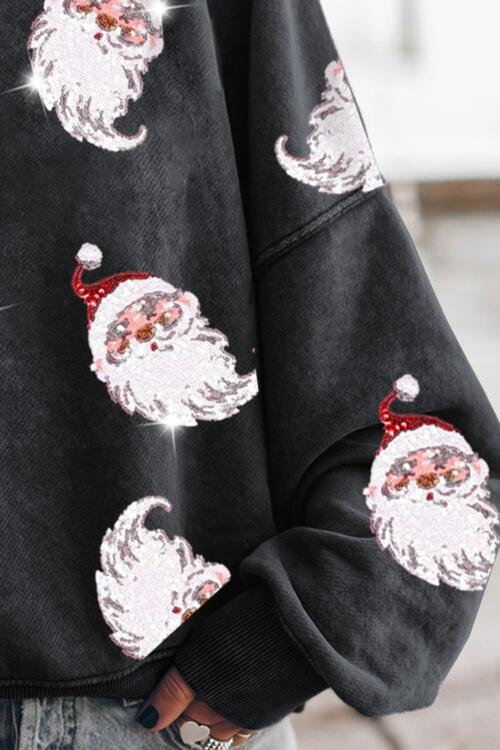 Sequin Santa Round Neck Drop Shoulder Sweatshirt