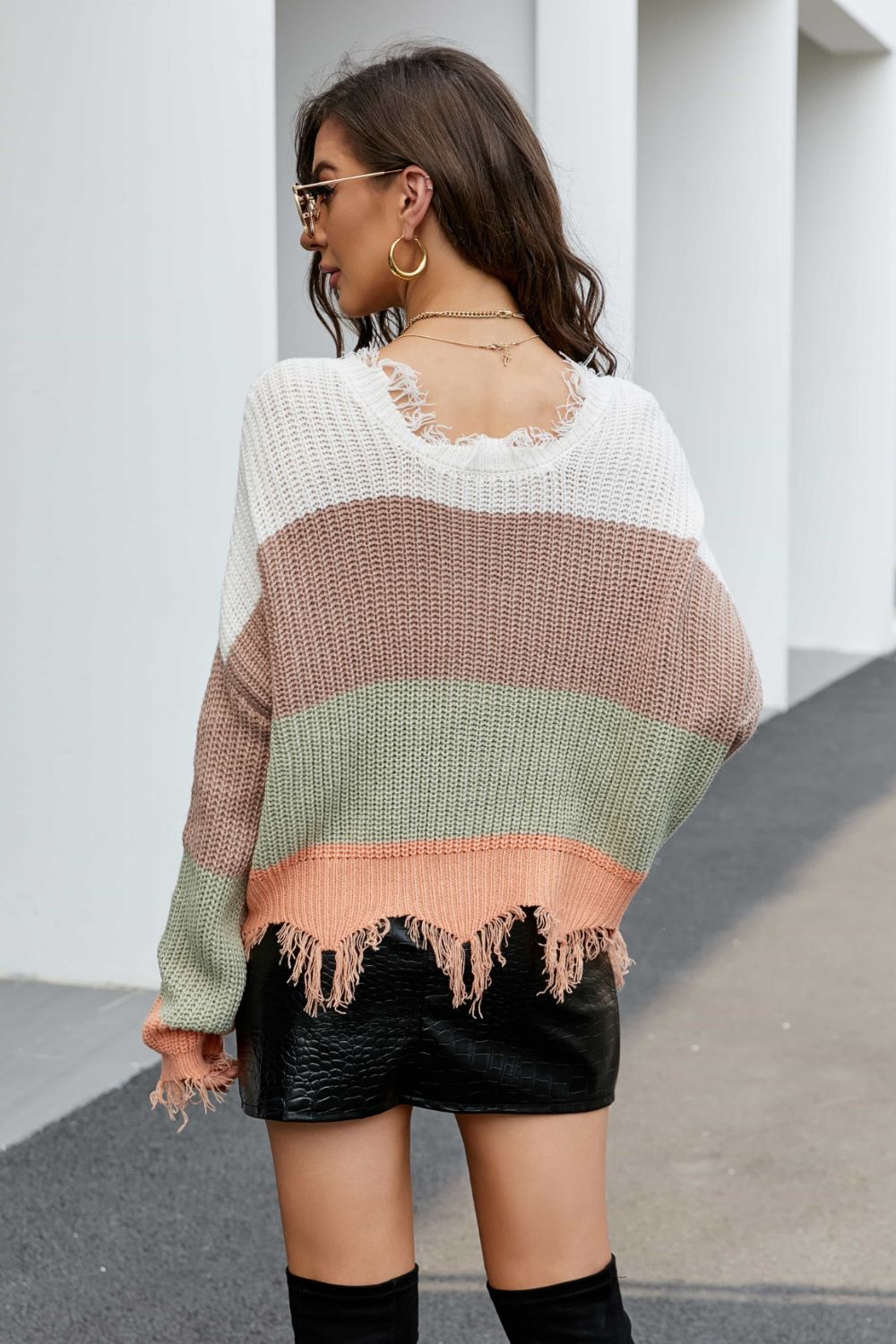 Striped Fringe Trim V-Neck Sweater Trendsi