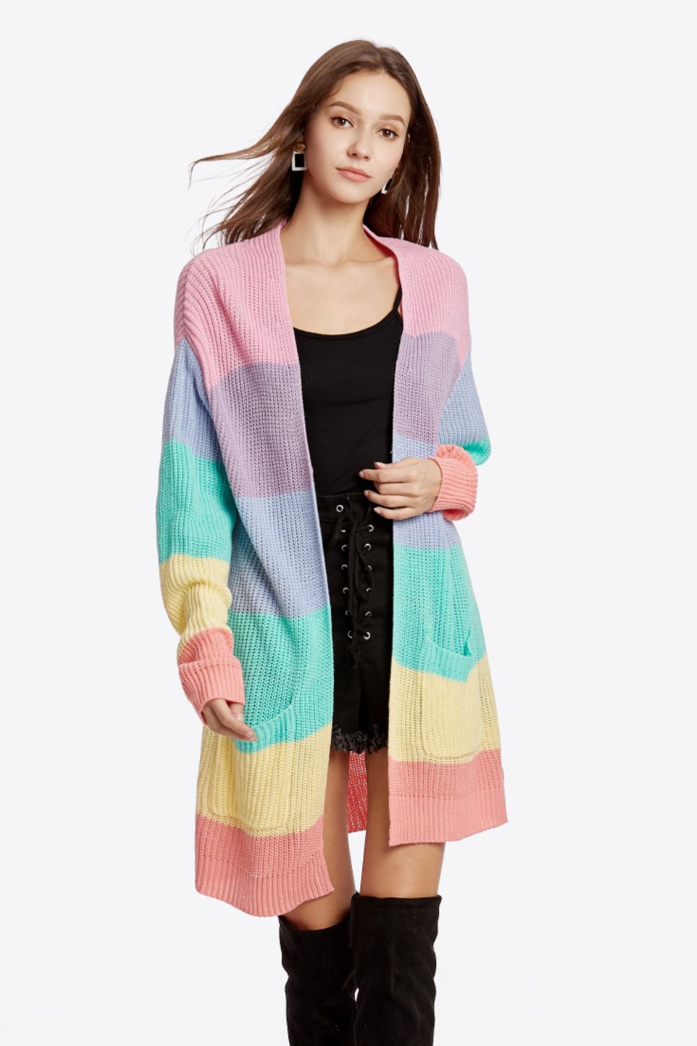 Color Block Open Front Drop Shoulder Cardigan with Pockets - Multi / S Apparel & Accessories Girl Code