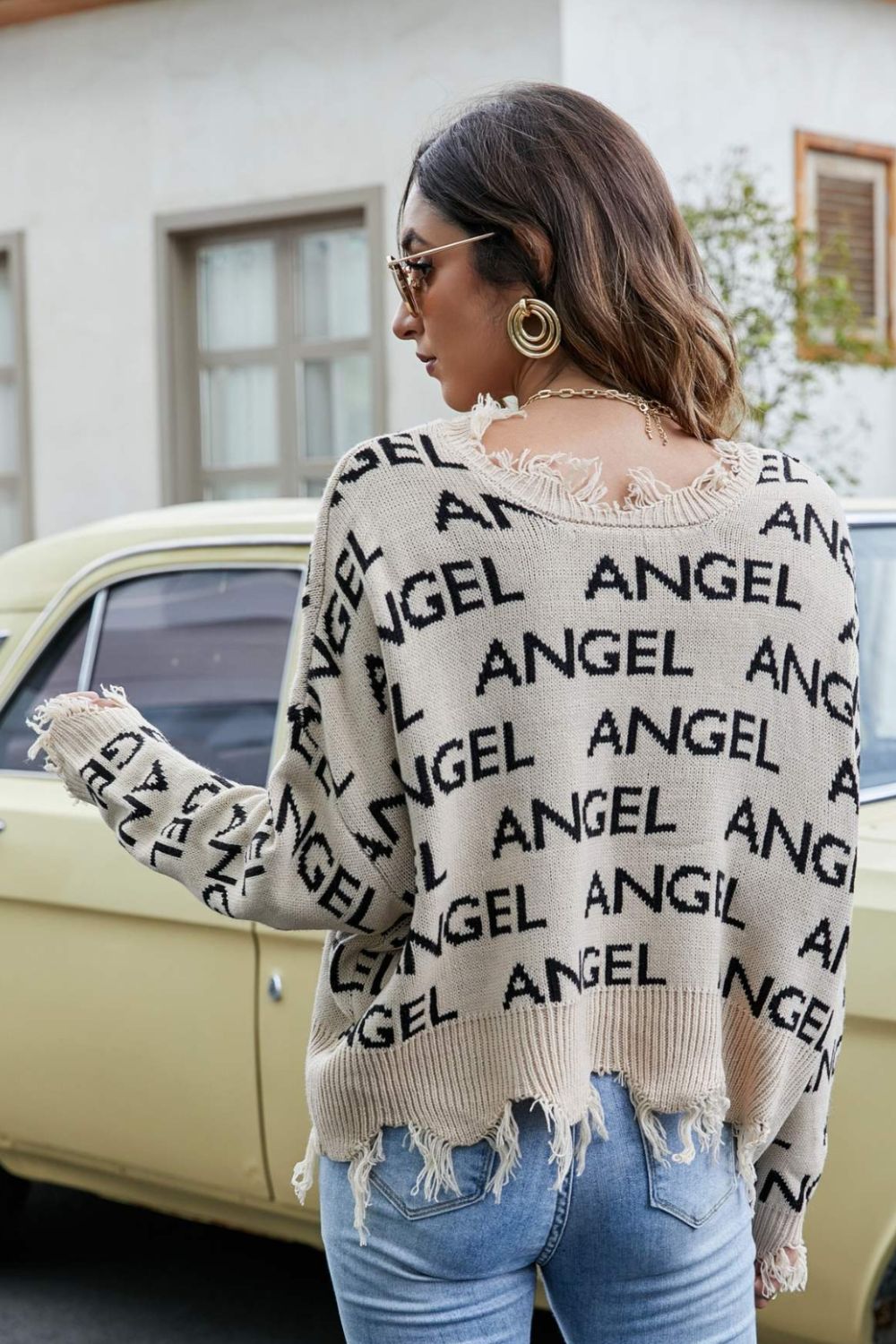 ANGEL Distressed V-Neck Dropped Shoulder Sweater - Apparel & Accessories Girl Code
