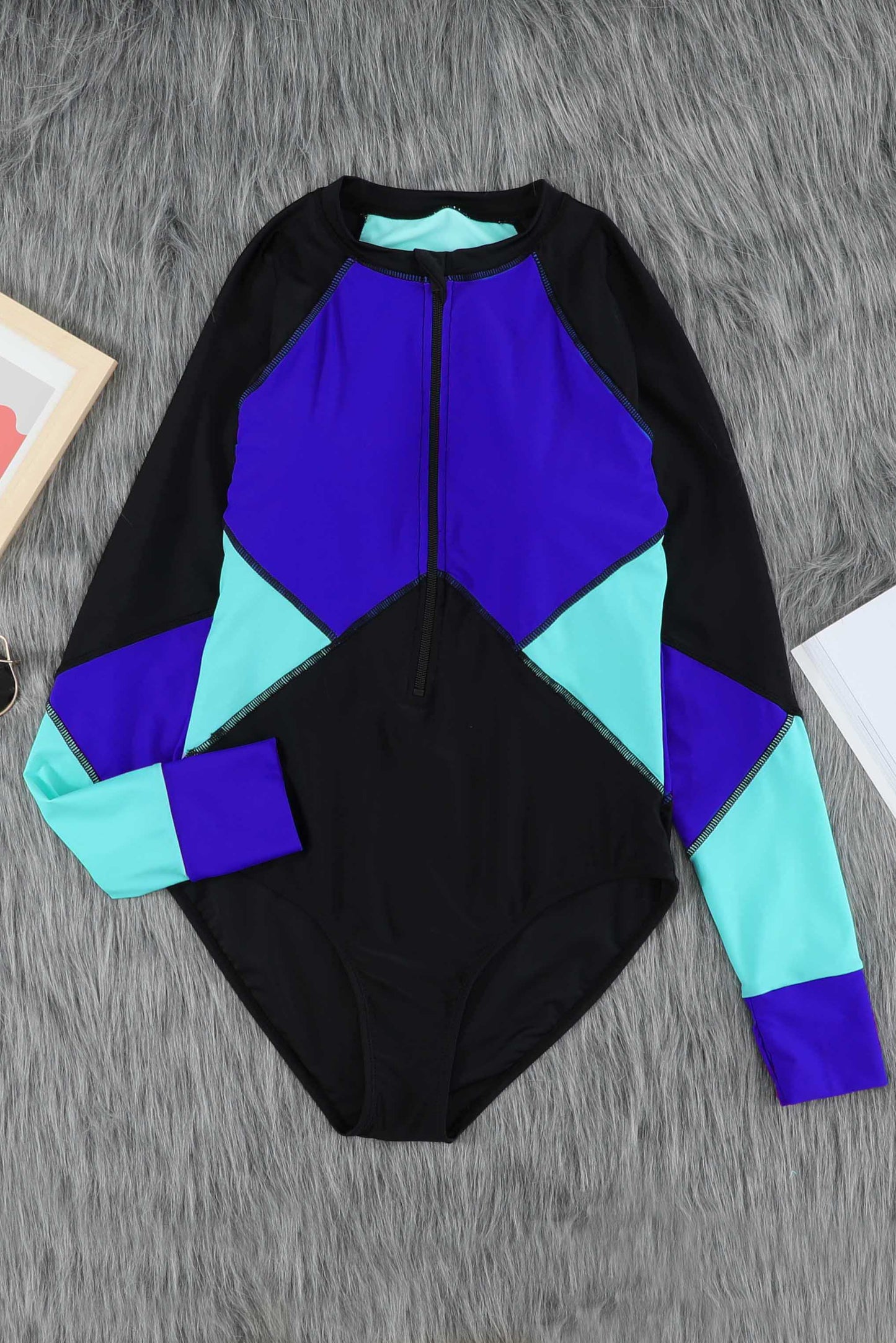 Color Block Half Zip Long Sleeve One-Piece Swimsuit - Blue / S Apparel & Accessories Girl Code
