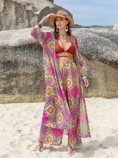 Printed Open Front Cardigan and Pants Set