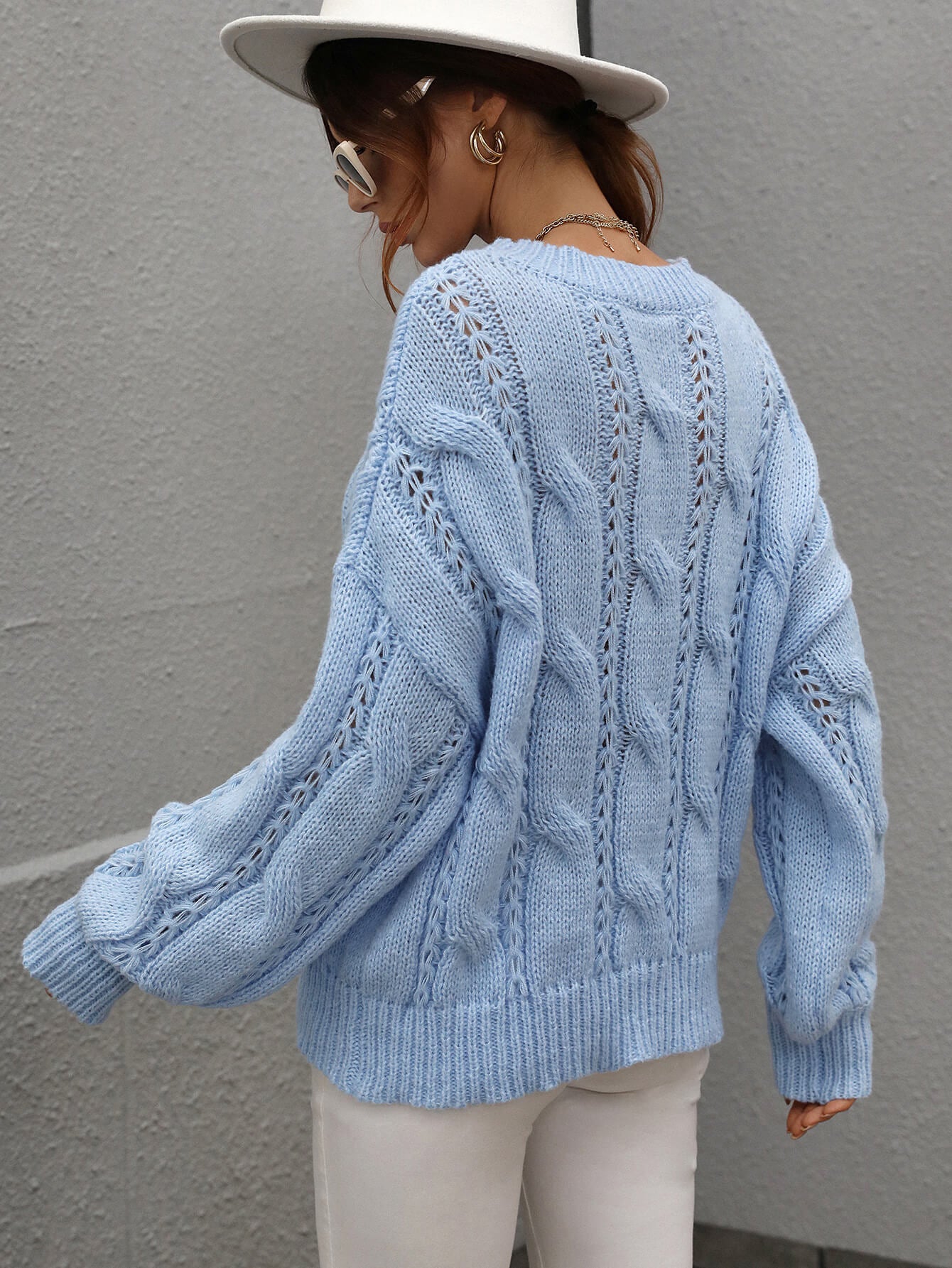 Cable-Knit Openwork Round Neck Sweater - Girl Code