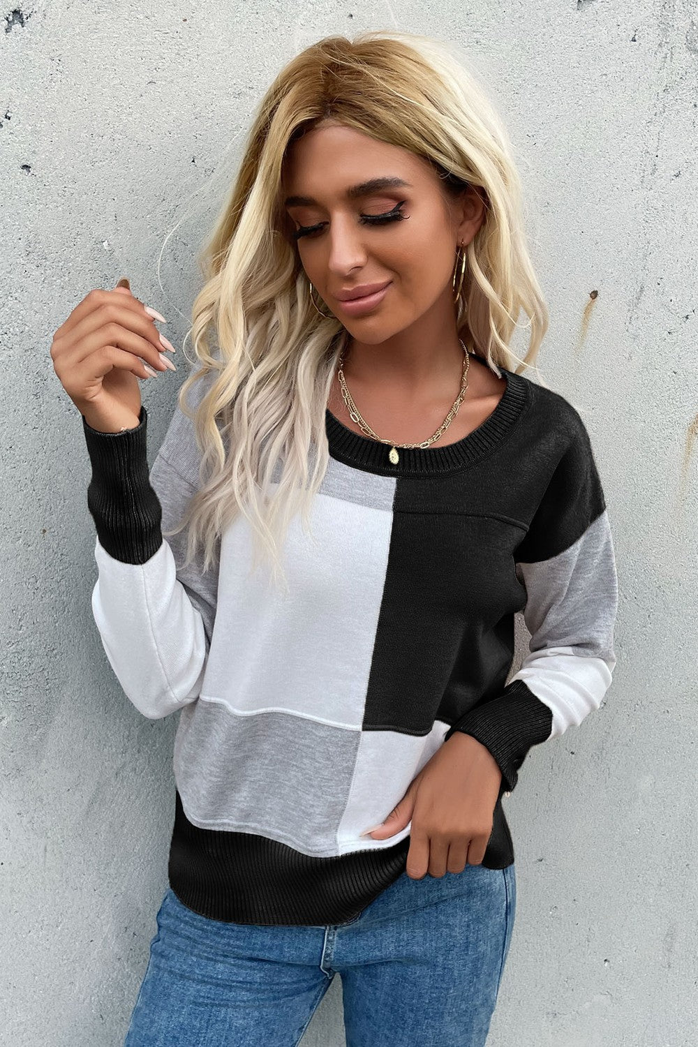 Color Block Ribbed Trim Round Neck Knit Pullover - Black / S Girl Code