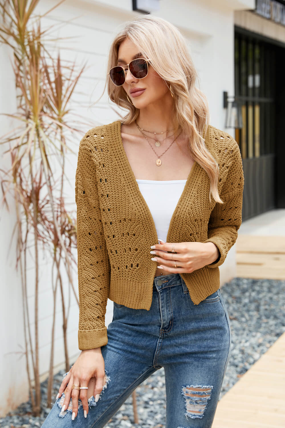 Open Front Cuffed Cropped Cardigan Trendsi