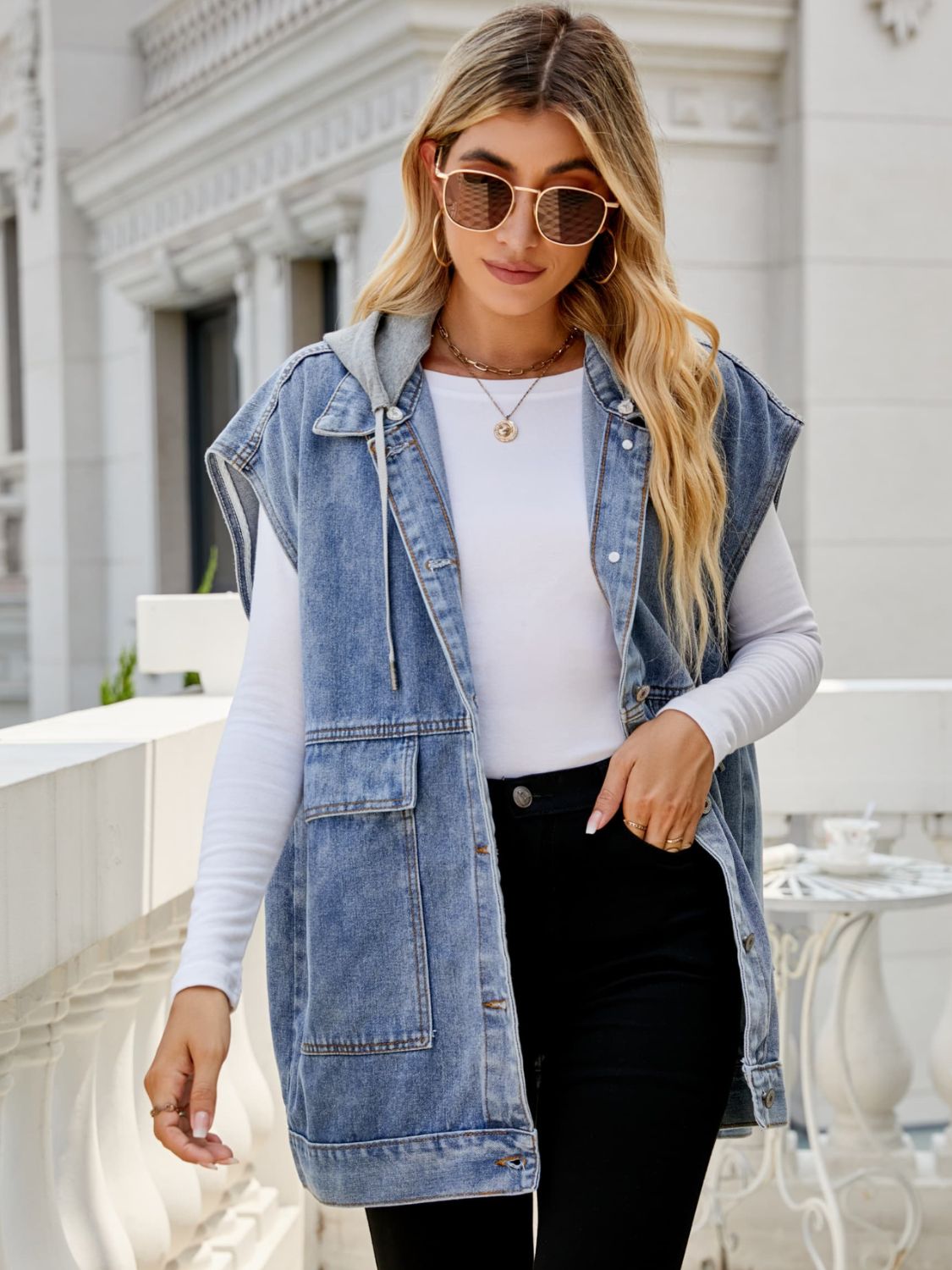 Hooded Sleeveless Denim Top with Pockets Trendsi
