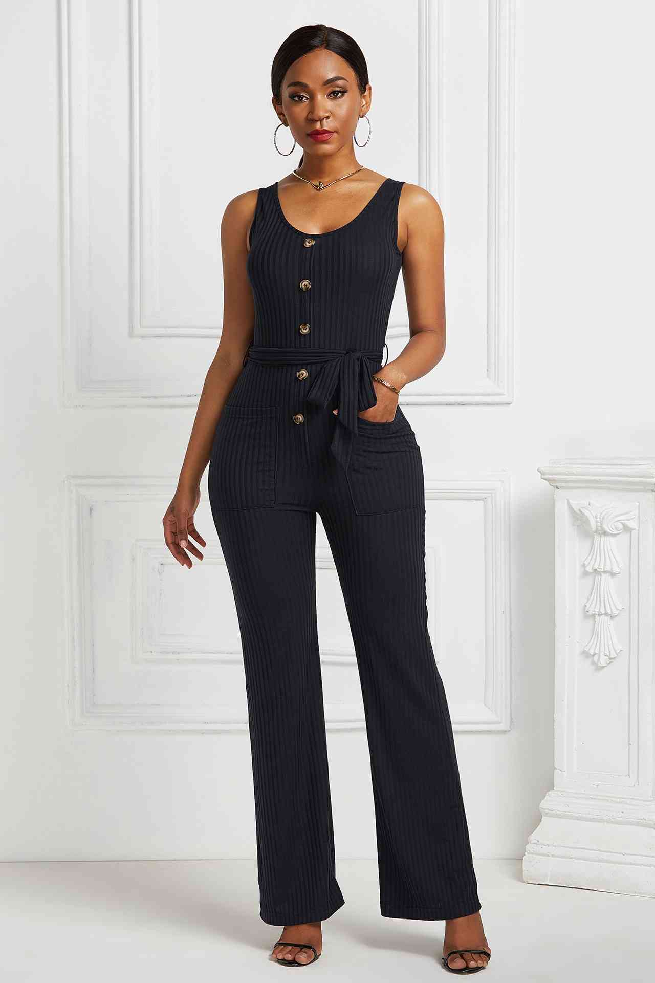 Button Detail Tie Waist Jumpsuit with Pockets - Black / S Apparel & Accessories Girl Code