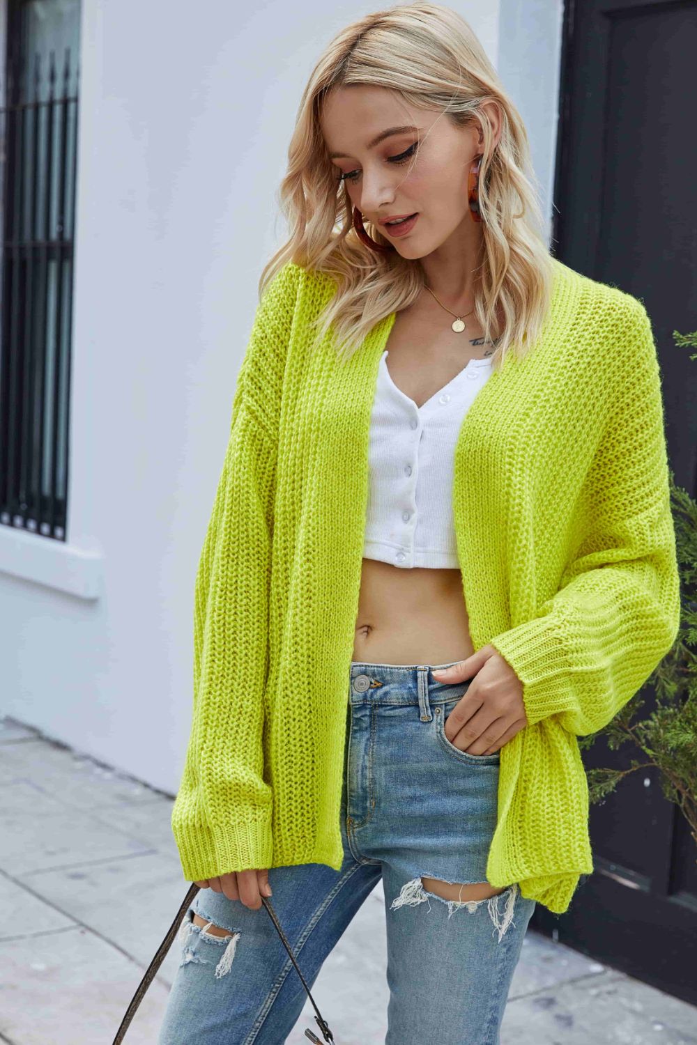 Rib-Knit Open Front Drop Shoulder Cardigan - Yellow / S Apparel & Accessories Girl Code