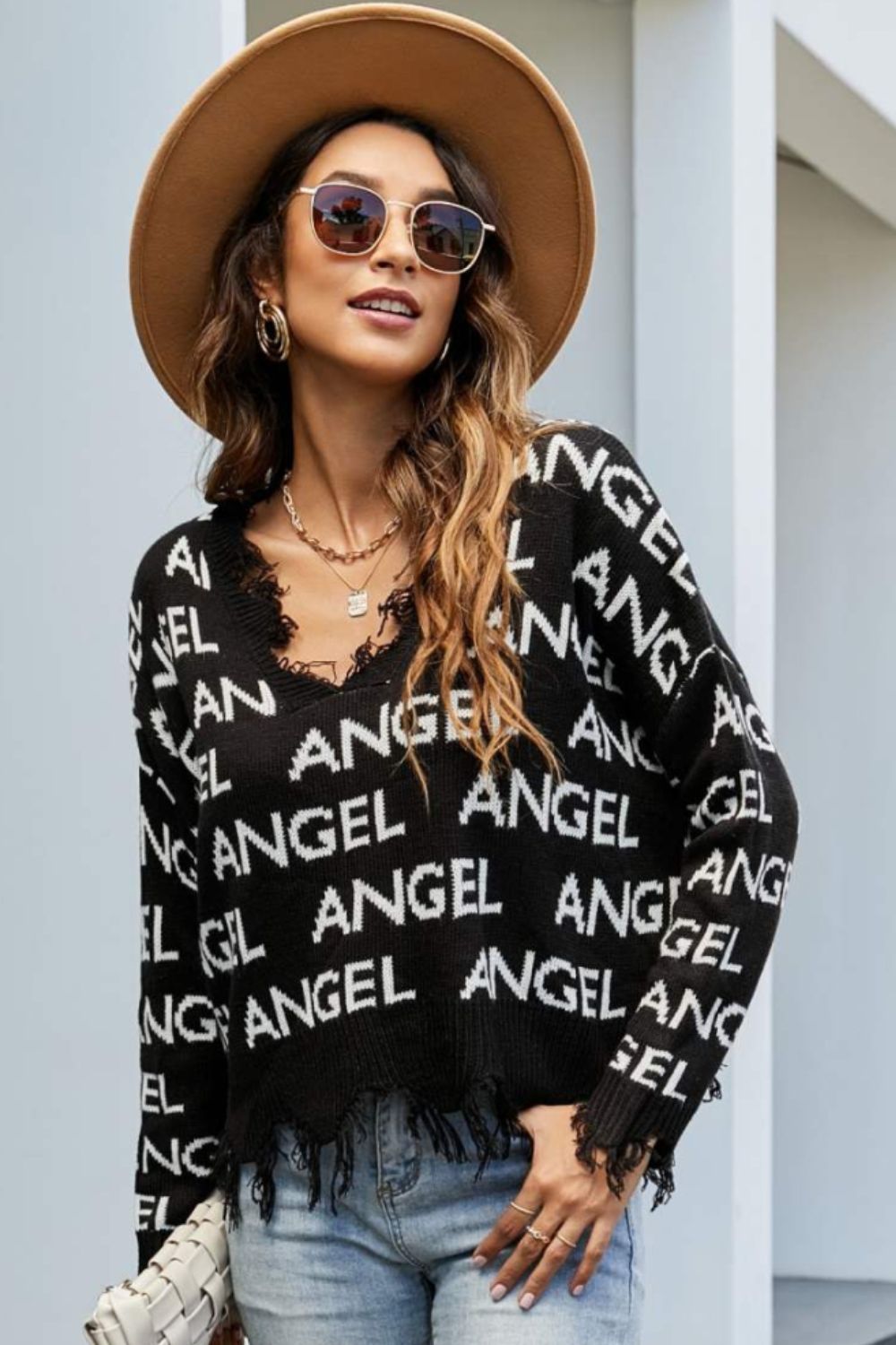 ANGEL Distressed V-Neck Dropped Shoulder Sweater - Apparel & Accessories Girl Code