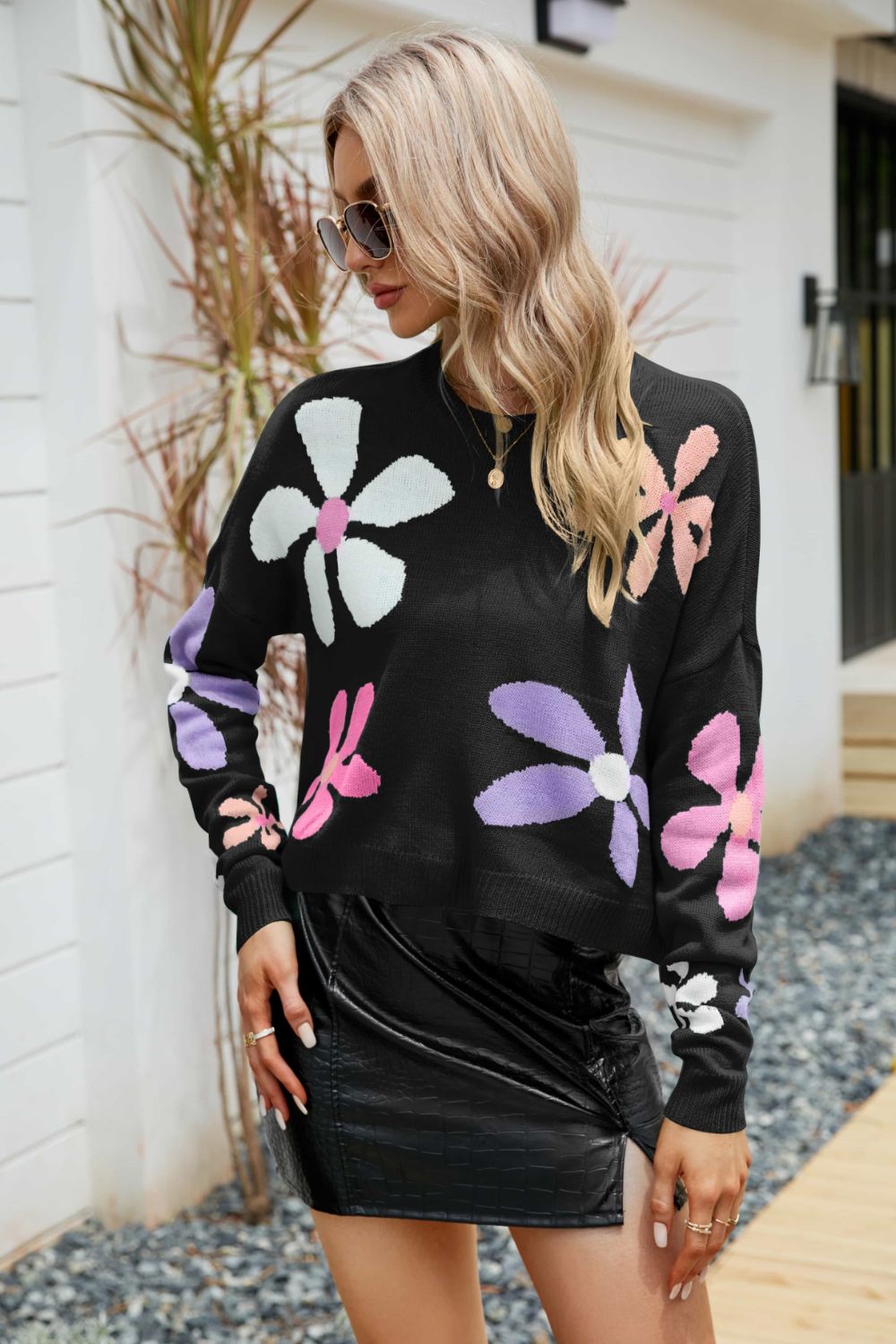 Floral Dropped Shoulder Ribbed Trim Sweater Trendsi