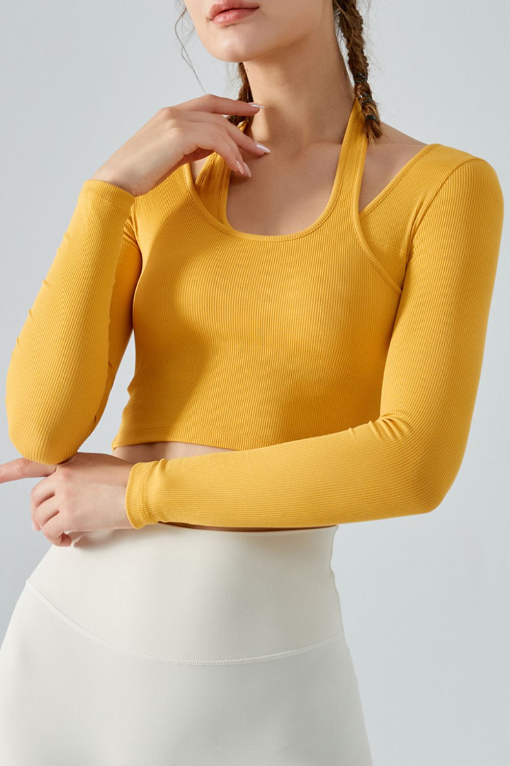Halter Neck Long Sleeve Cropped Sports Top - Yellow / S Girl Code
