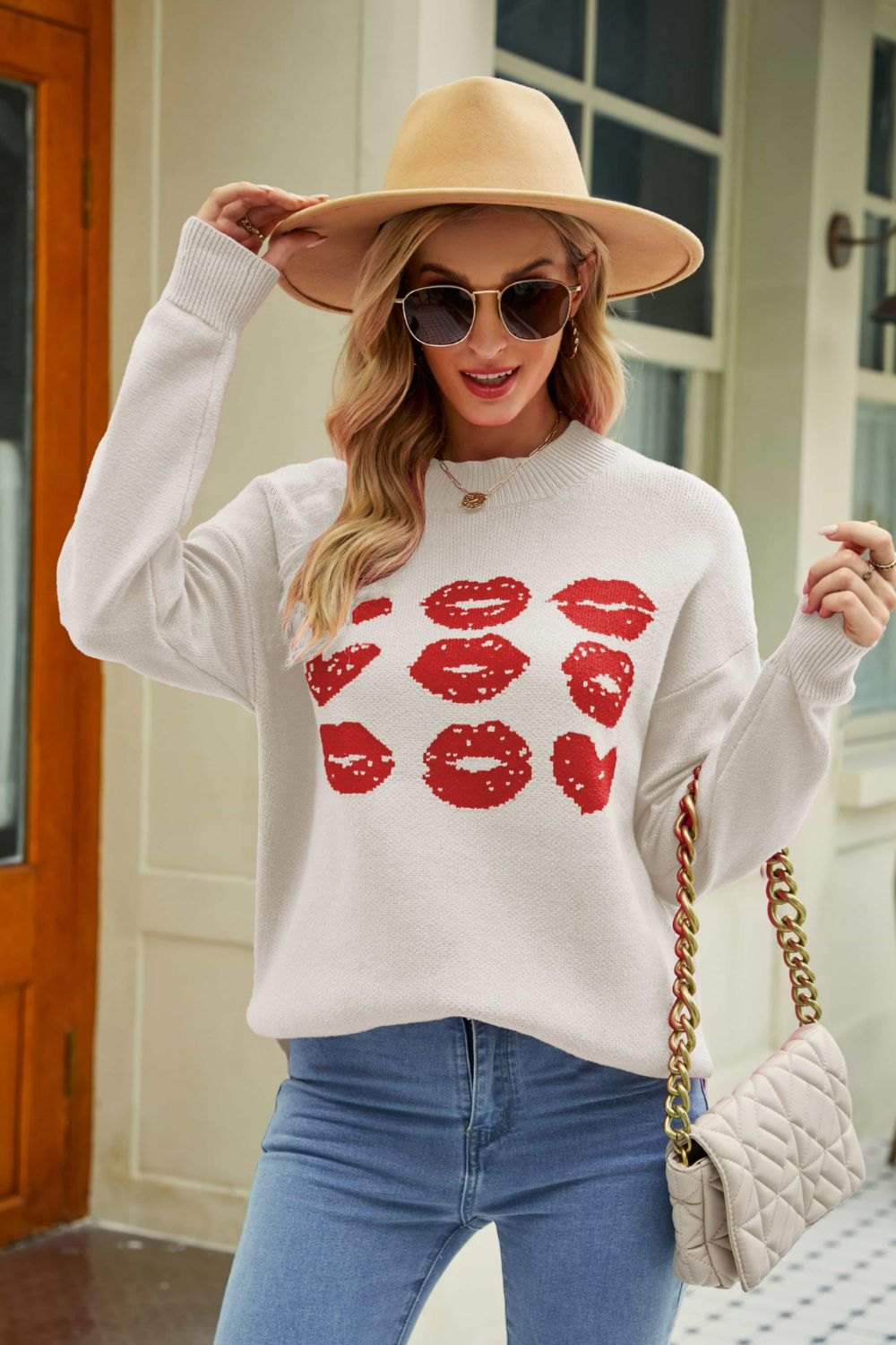 Lip Graphic Slit Dropped Shoulder Sweater Trendsi
