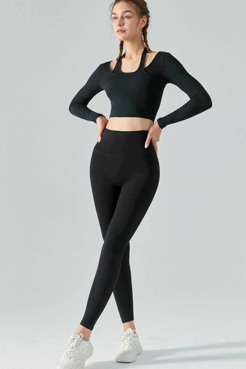 Halter Neck Long Sleeve Cropped Sports Top - Girl Code