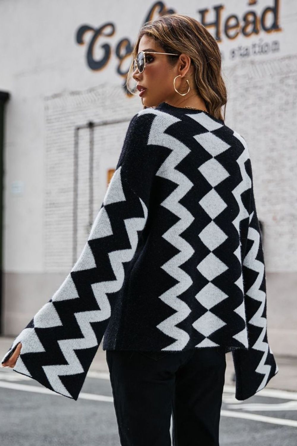 Geometric Slit Flare Sleeve Round Neck Sweater Trendsi