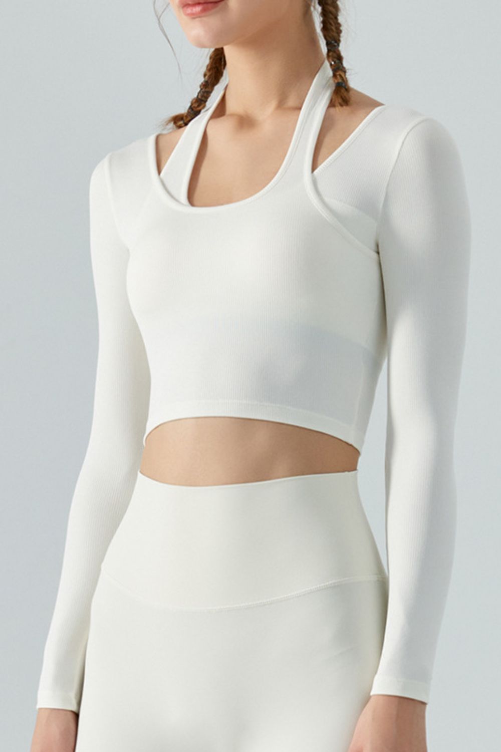 Halter Neck Long Sleeve Cropped Sports Top - White / S Girl Code
