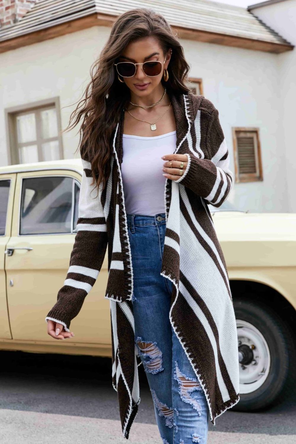 Striped Open Front Hooded Cardigan Trendsi