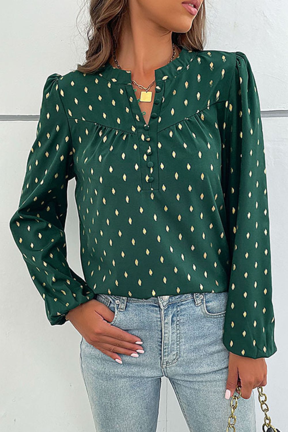 Printed Buttoned Puff Sleeve Blouse Trendsi