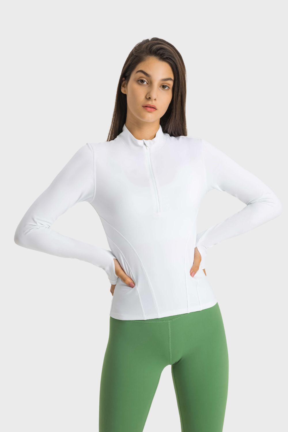Half Zip Thumbhole Sleeve Sports Top - White / 4 Girl Code